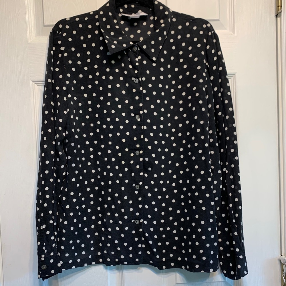 Sutton Studio Silk Polka Dot Blouse XL Black White Button Up Long Sleeve Retro